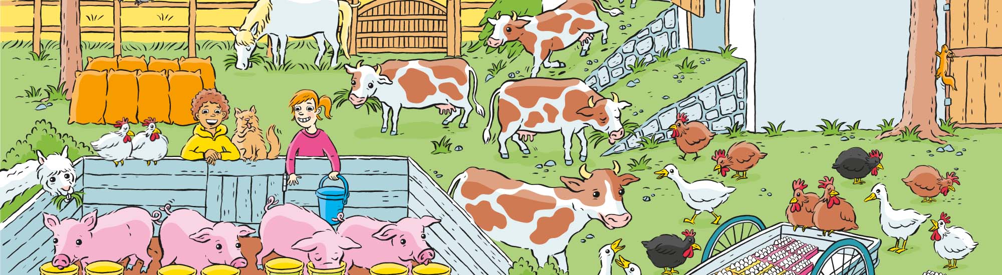 Maatilan eläimiä (lehmiä, hevonen, alpakka, possuja, kanoja) sekä lapsia eläinten äärellä. Lotta Kaupin piirroskuva Tuuma 3 A -kirjasta.